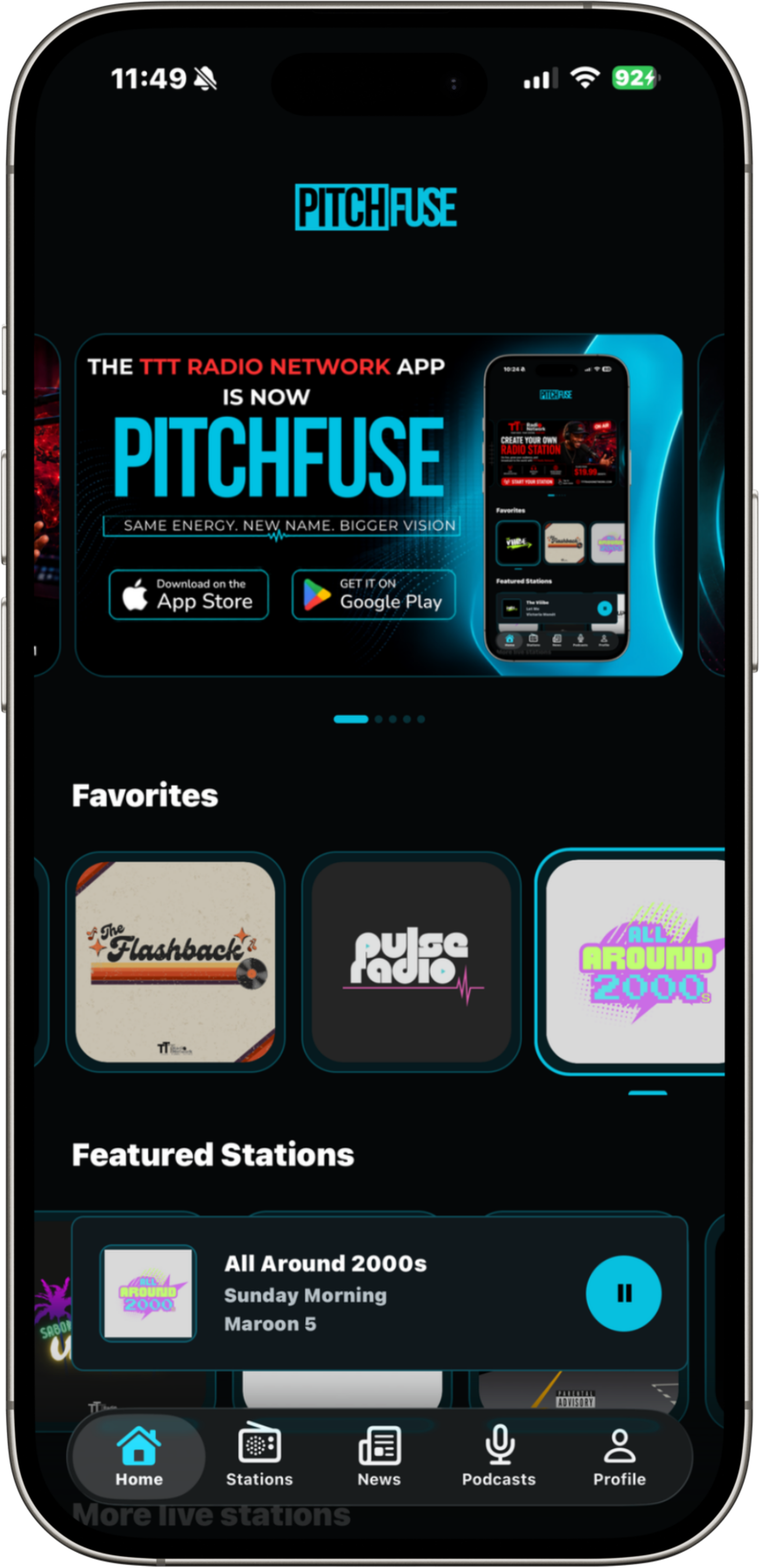 PitchFuse app displayed on an iPhone